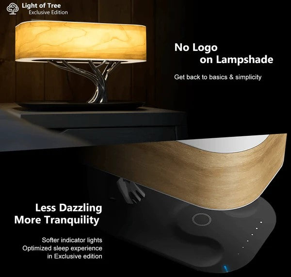 Holz-Tischlampe mit BT Lautsprecher, Wireless Charger & Schlafmodus