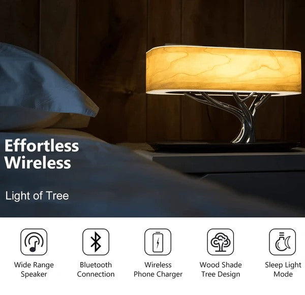 Holz-Tischlampe mit BT Lautsprecher, Wireless Charger & Schlafmodus