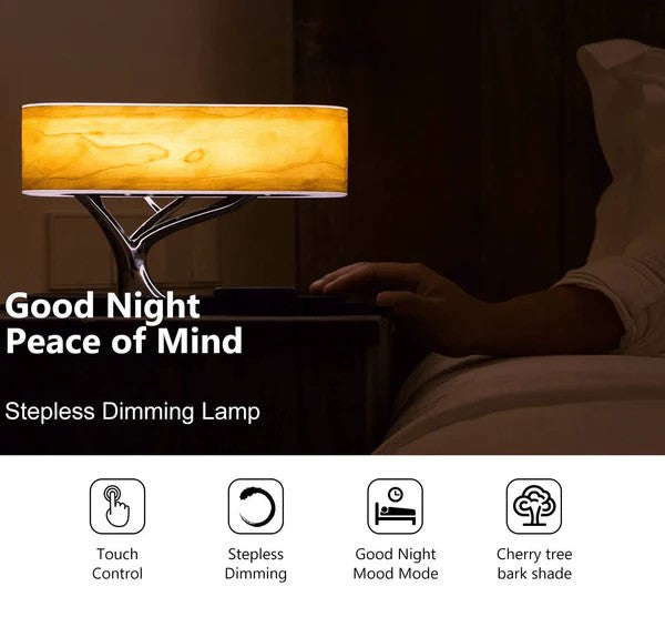 Holz-Tischlampe mit BT Lautsprecher, Wireless Charger & Schlafmodus
