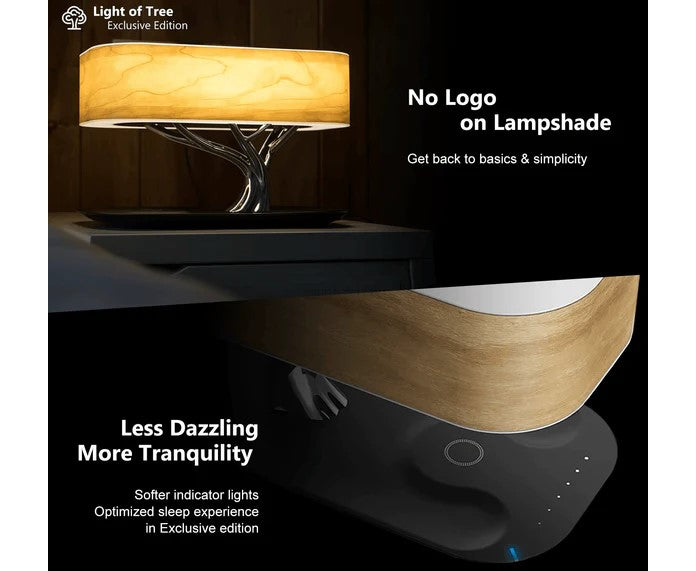 Holz-Tischlampe mit BT Lautsprecher, Wireless Charger & Schlafmodus