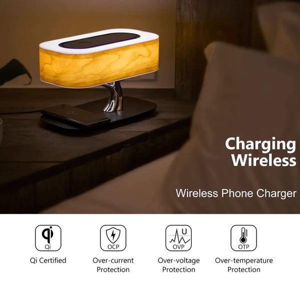 Holz-Tischlampe mit BT Lautsprecher, Wireless Charger & Schlafmodus