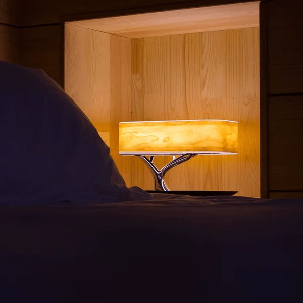 Holz-Tischlampe mit BT Lautsprecher, Wireless Charger & Schlafmodus