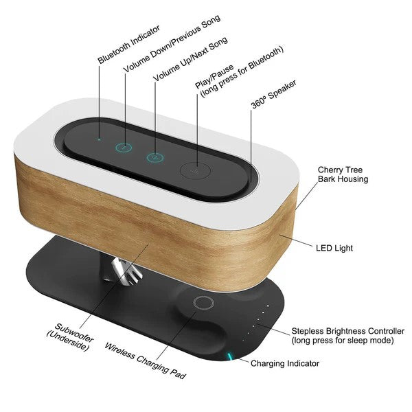 Holz-Tischlampe mit BT Lautsprecher, Wireless Charger & Schlafmodus