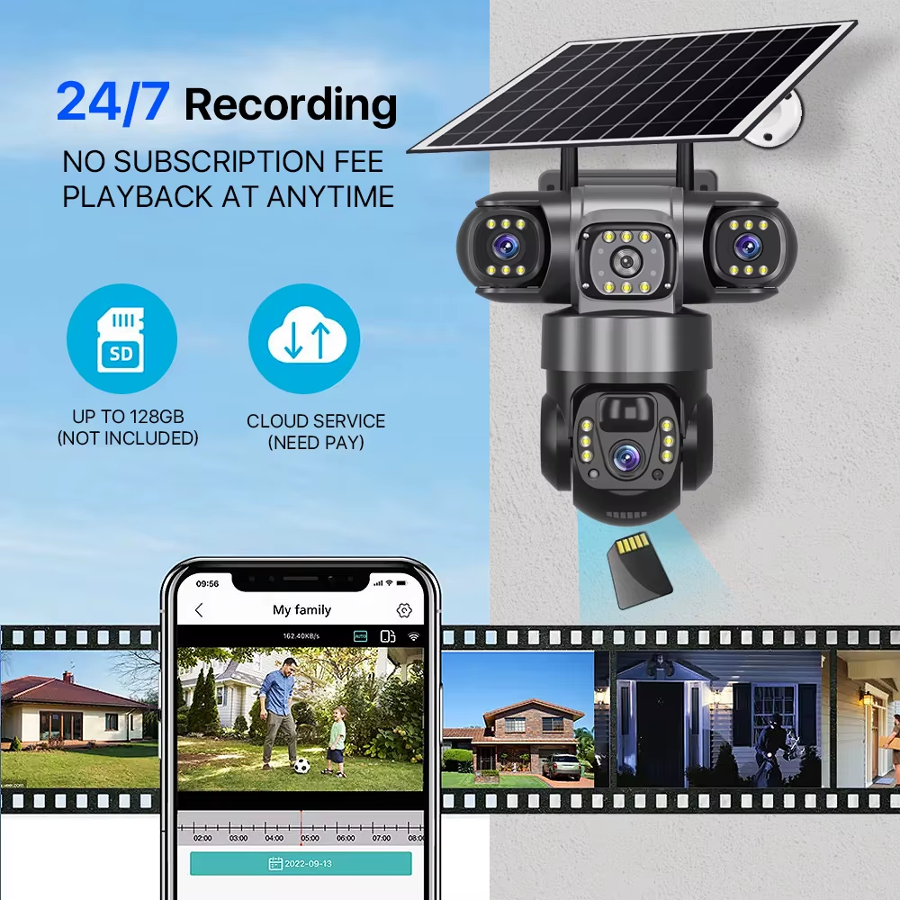 V380PRO 3-Linsen-WLAN-Solarkamera, 15 MP, 360°-Außenkamera, wasserdicht, Nachtsicht, Zwei-Wege-Audio, mobile Ortung, 4G-IP-Kamera