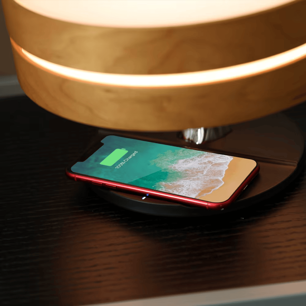 Runde Baum-Tischlampe – Wireless Charger, BT-Musik, Dimmer & Wecker