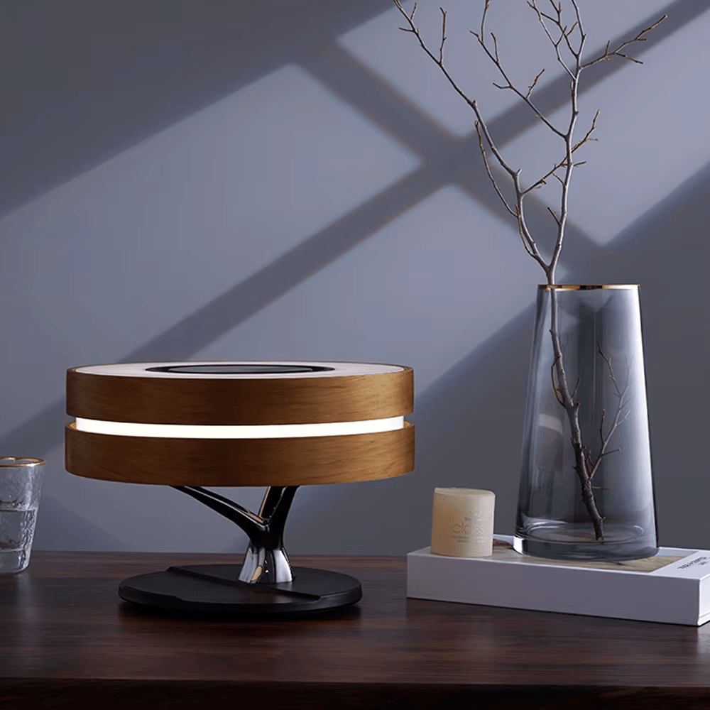 Runde Baum-Tischlampe – Wireless Charger, BT-Musik, Dimmer & Wecker