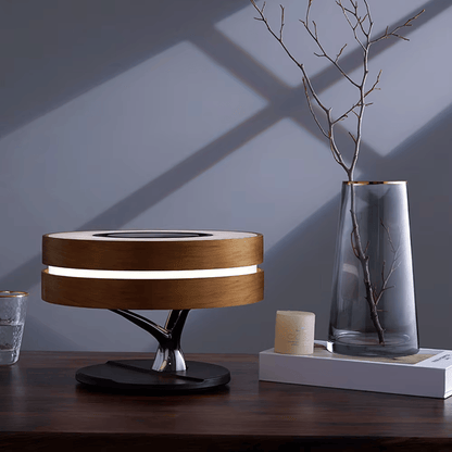 Runde Baum-Tischlampe – Wireless Charger, BT-Musik, Dimmer & Wecker