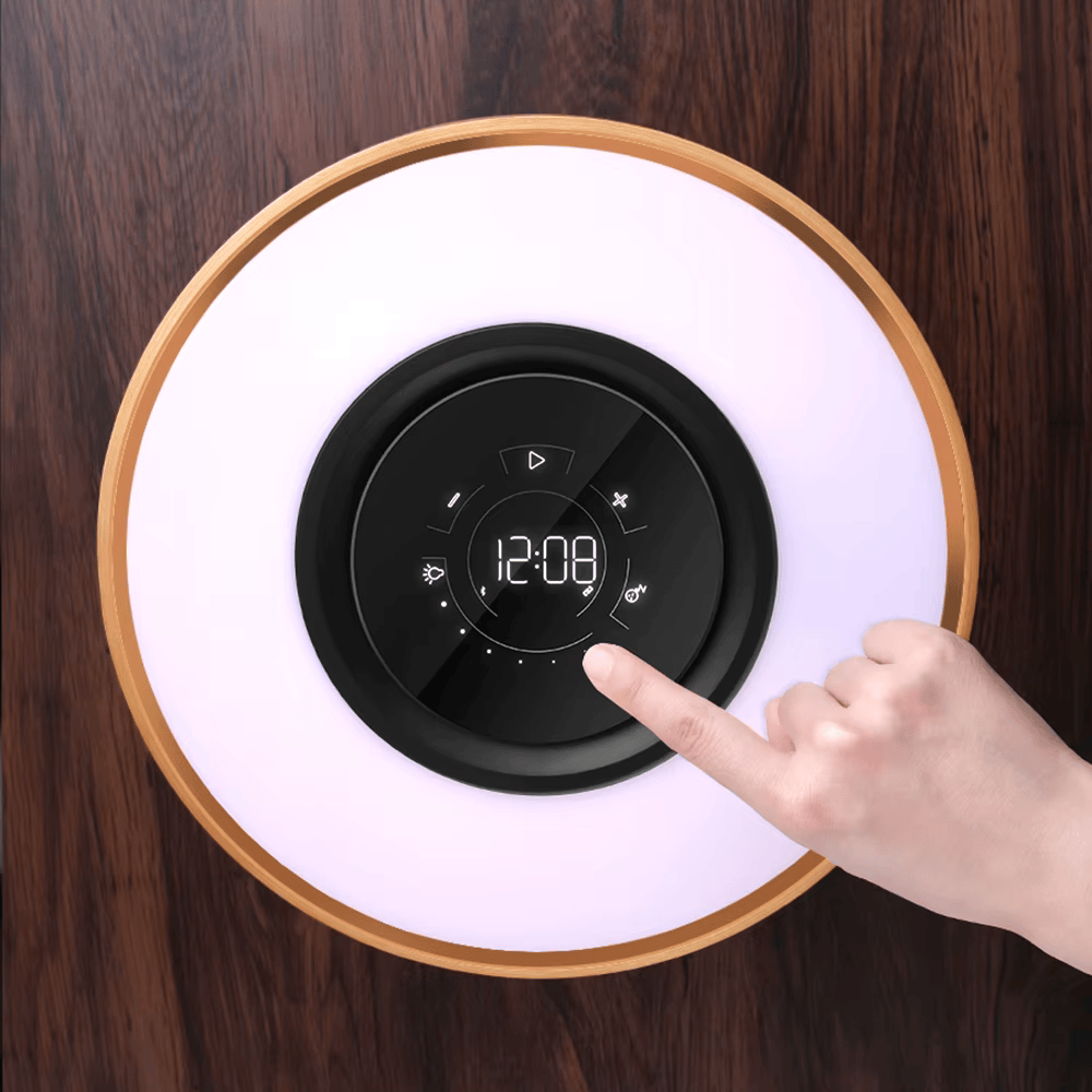 Runde Baum-Tischlampe – Wireless Charger, BT-Musik, Dimmer & Wecker
