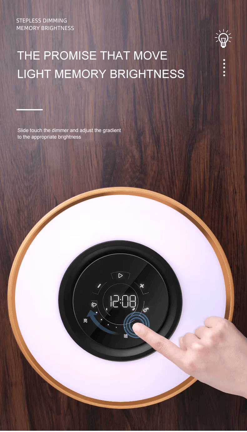 Runde Baum-Tischlampe – Wireless Charger, BT-Musik, Dimmer & Wecker