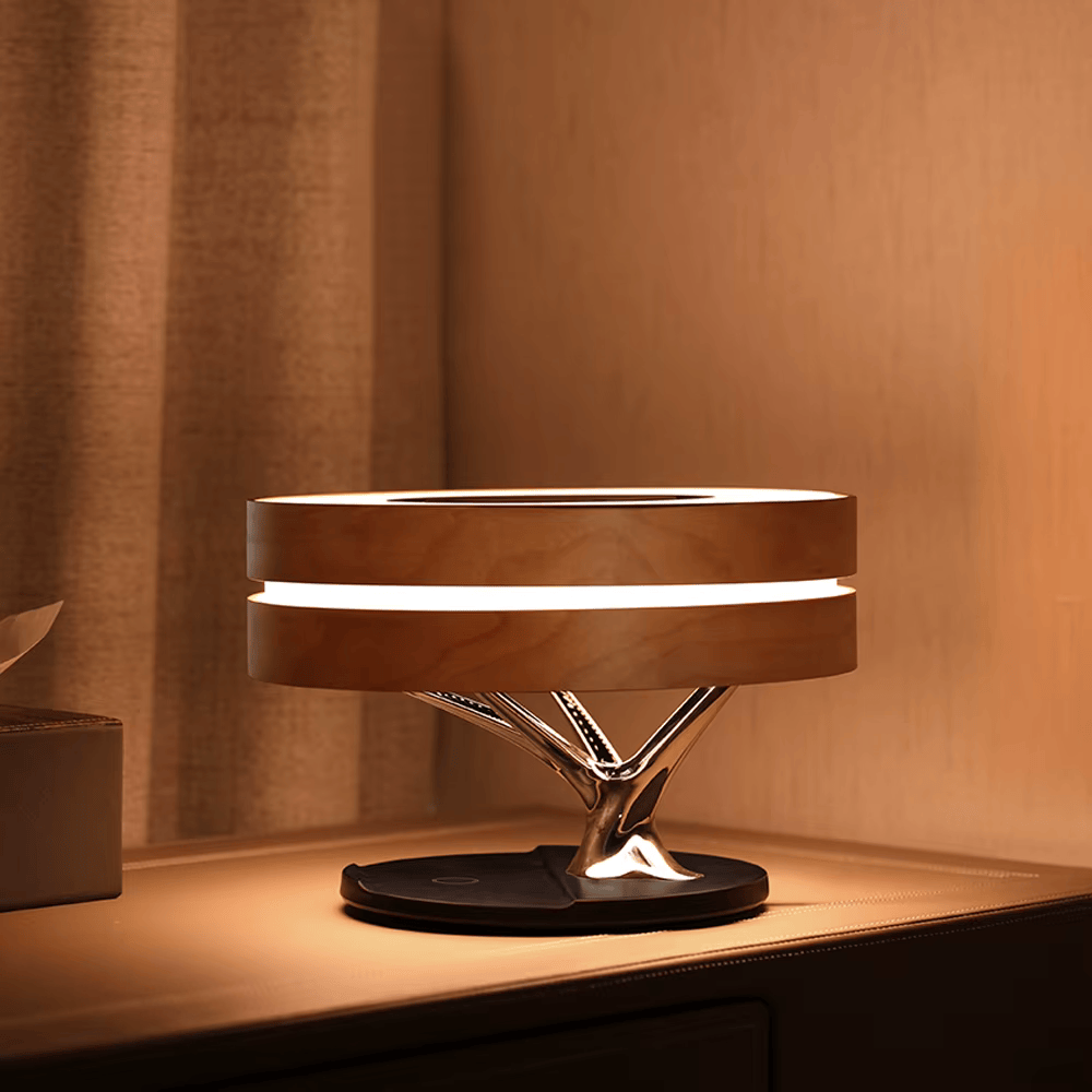 Runde Baum-Tischlampe – Wireless Charger, BT-Musik, Dimmer & Wecker