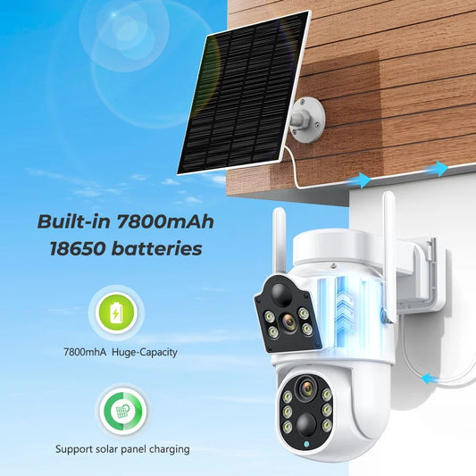 Solar-IP-Kamera, WiFi, für den Außenbereich, Dual-Objektiv, PTZ-Überwachungskamera, 4 MP HD, eingebauter Akku, Solarpanel, kabellose Kamera, PIR-Alarm, iCsee