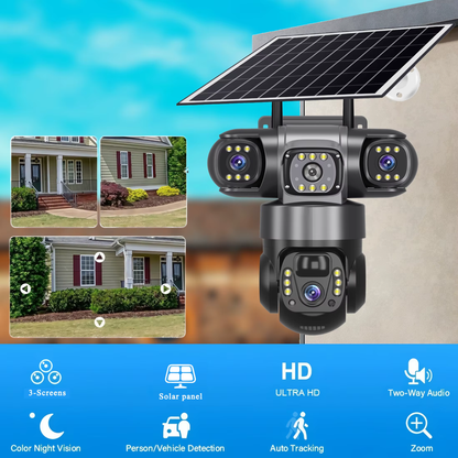 V380PRO 3-Linsen-WLAN-Solarkamera, 15 MP, 360°-Außenkamera, wasserdicht, Nachtsicht, Zwei-Wege-Audio, mobile Ortung, 4G-IP-Kamera