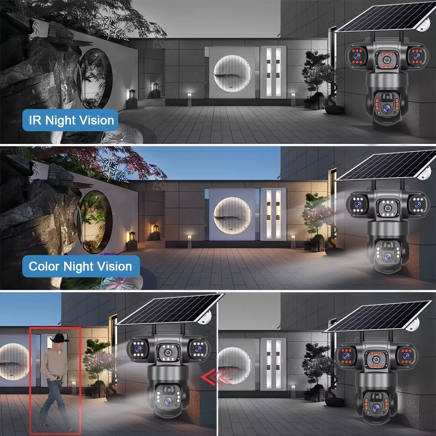 V380PRO 3-Linsen-WLAN-Solarkamera, 15 MP, 360°-Außenkamera, wasserdicht, Nachtsicht, Zwei-Wege-Audio, mobile Ortung, 4G-IP-Kamera