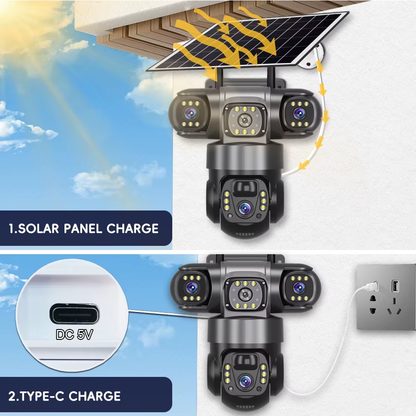 V380PRO 3-Linsen-WLAN-Solarkamera, 15 MP, 360°-Außenkamera, wasserdicht, Nachtsicht, Zwei-Wege-Audio, mobile Ortung, 4G-IP-Kamera