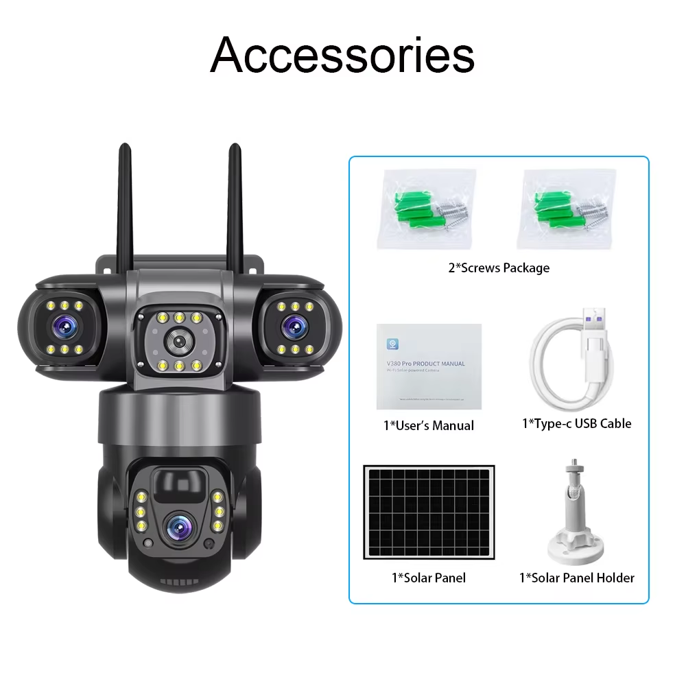 V380PRO 3-Linsen-WLAN-Solarkamera, 15 MP, 360°-Außenkamera, wasserdicht, Nachtsicht, Zwei-Wege-Audio, mobile Ortung, 4G-IP-Kamera