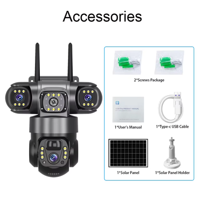 V380PRO 3-Linsen-WLAN-Solarkamera, 15 MP, 360°-Außenkamera, wasserdicht, Nachtsicht, Zwei-Wege-Audio, mobile Ortung, 4G-IP-Kamera