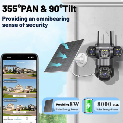 V380PRO 3-Linsen-WLAN-Solarkamera, 15 MP, 360°-Außenkamera, wasserdicht, Nachtsicht, Zwei-Wege-Audio, mobile Ortung, 4G-IP-Kamera