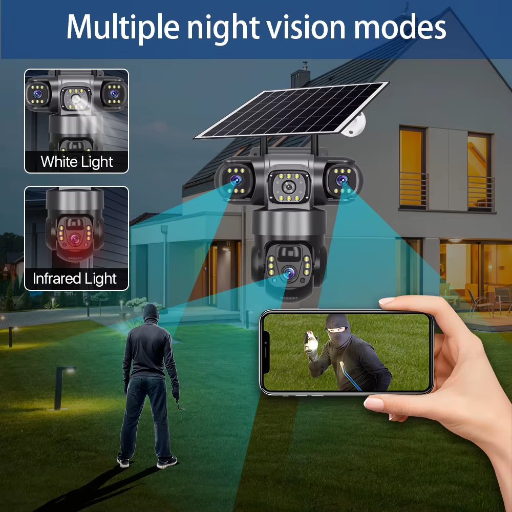 V380PRO 3-Linsen-WLAN-Solarkamera, 15 MP, 360°-Außenkamera, wasserdicht, Nachtsicht, Zwei-Wege-Audio, mobile Ortung, 4G-IP-Kamera